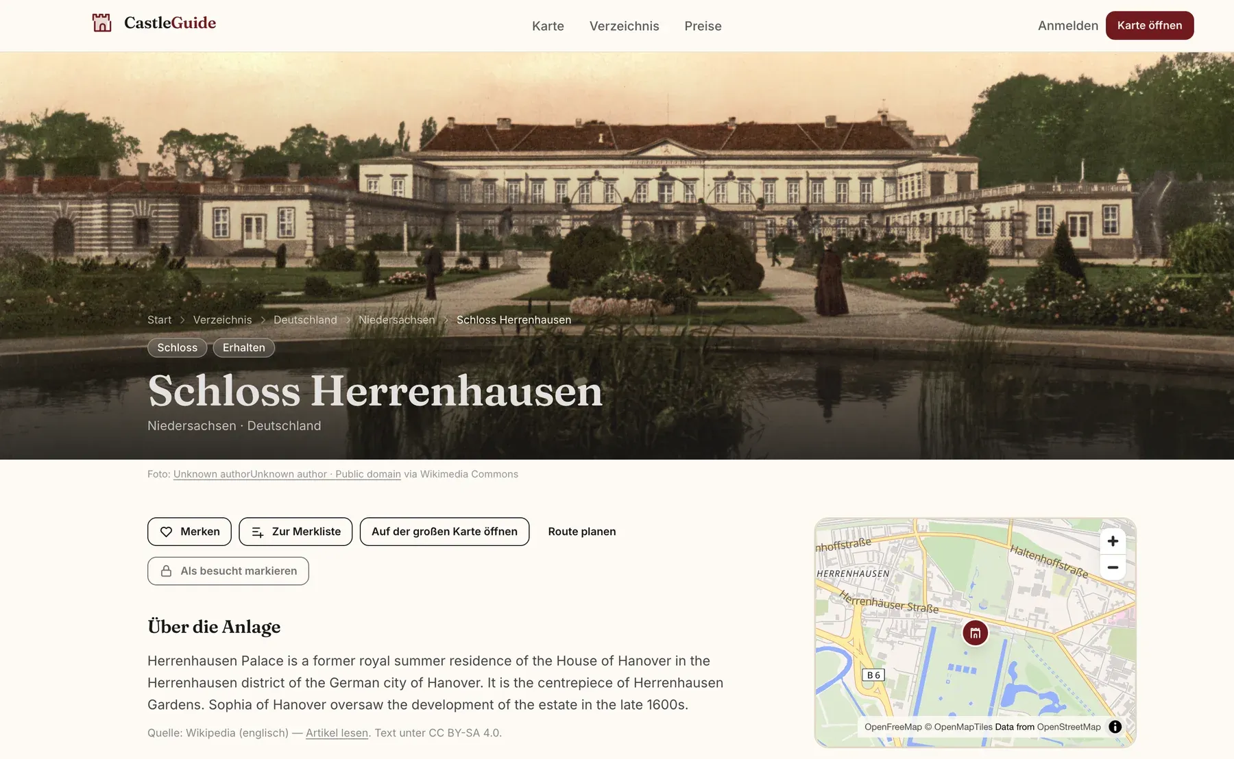 Detailseite von Schloss Herrenhausen mit historischem Foto, Kurzbeschreibung, kleiner Karte und den Aktionen Merken, Zur Merkliste, Route planen und Als besucht markieren.