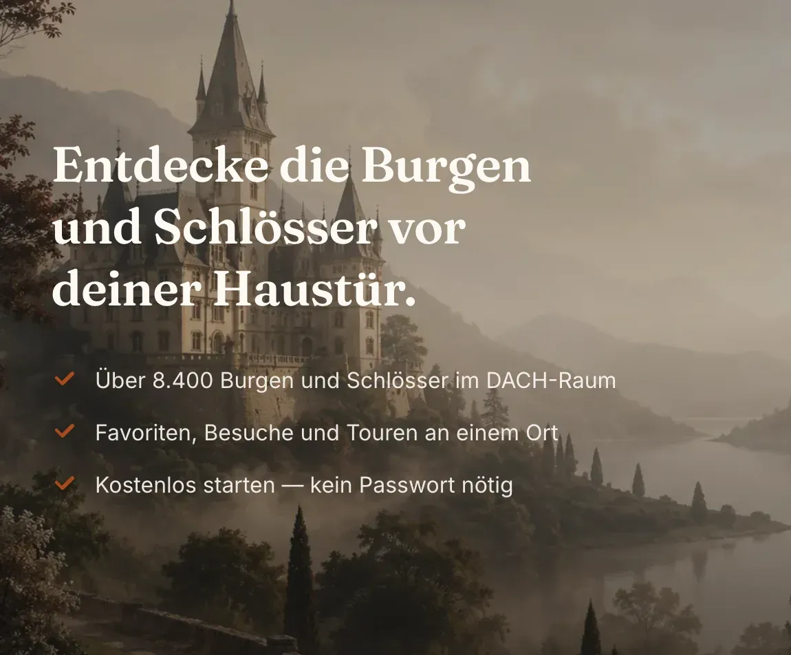 Einstiegsbereich von CastleGuide vor einem Burgmotiv, mit den Punkten: über 8.400 Anlagen im DACH-Raum, Favoriten, Besuche und Touren an einem Ort, kostenlos starten.