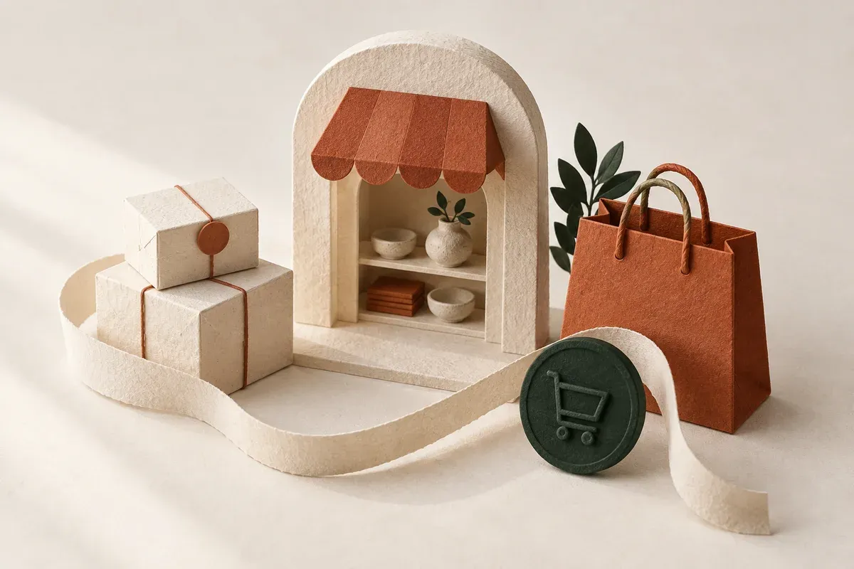 Miniatur-Shop mit Markise, Einkaufstasche und Paketen